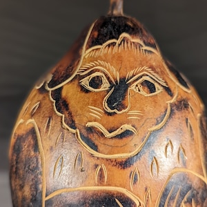 Peruvian Gourd carving with stand. Large carved Gourd from Peru of a monkey. Vintage Indigenous style artwork from South America.