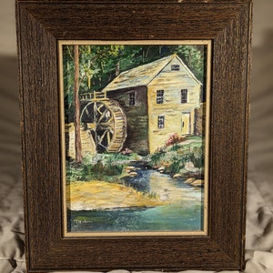 Rustic Oil painting of waterwheel on Peaceful stream. Signed Original Vintage water mill painting on stretched Canvas in MCM frame.