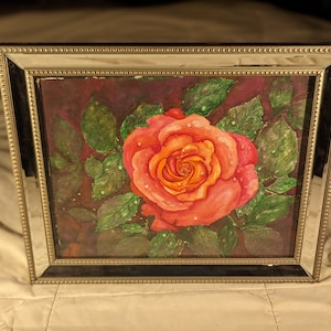Romantic original watercolor painting of Rose in feminine mirrored frame. Perfect Wedding or anniversary gift. Signed by artist vintage art.