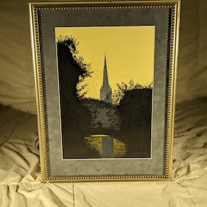 Framed art. Gothic church painting. Signed original Dark and moody artwork featuring church and black landscape in contemporary frame.