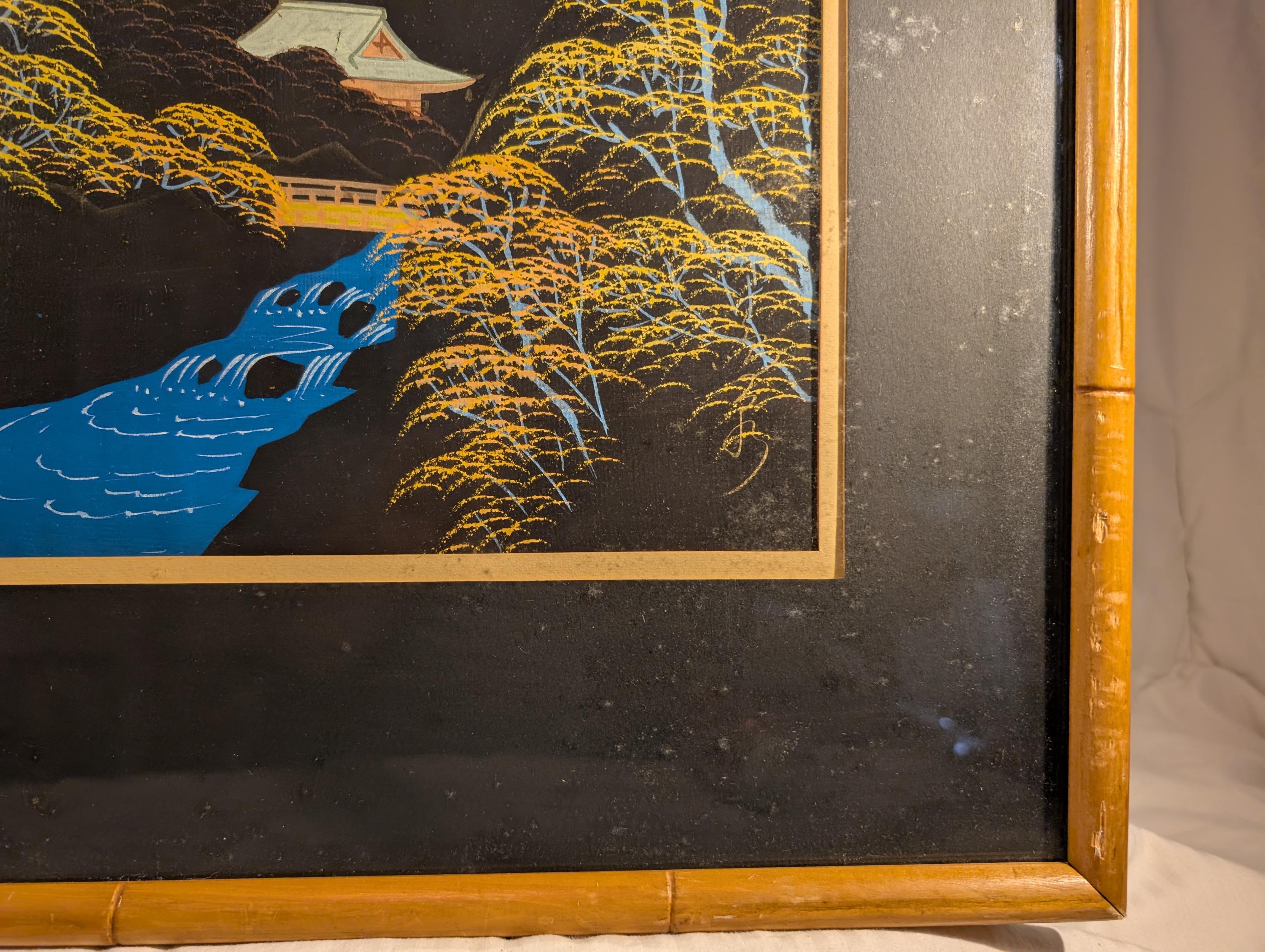 Vintage Japanese Silk Painting With Bamboo Style Frame Hand