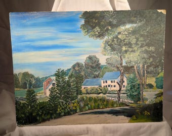 Original 12x16 Hand Painted Farmhouse Landscape on Mat Board - Rustic Country Wall Art