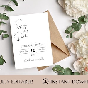 May include: A white save the date card with black text. The text reads "Save the Date" in a script font, followed by "Jessica + Ryan" and "Saturday 12 October 2023". The card is on a white background with white flowers and green leaves.