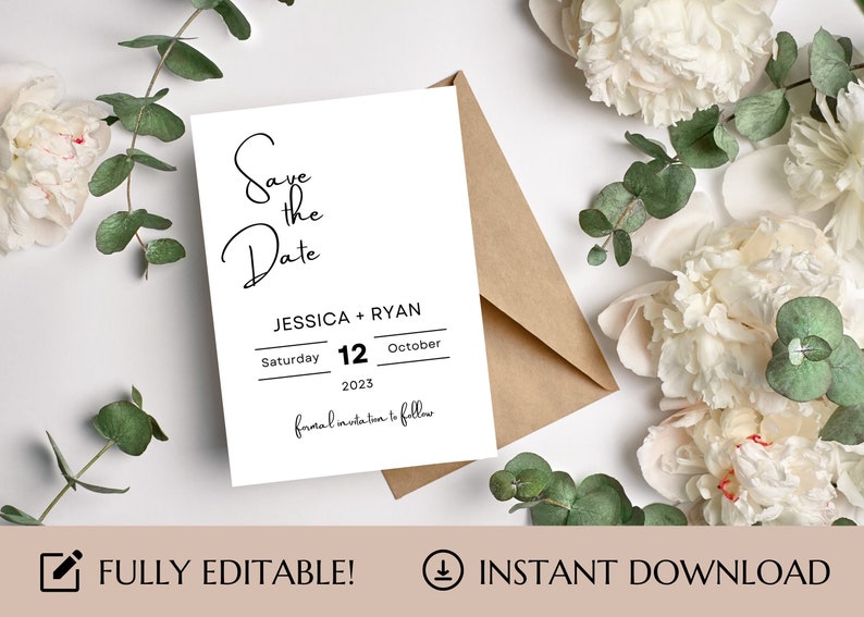 May include: A white save the date card with black text. The text reads "Save the Date" in a script font, followed by "Jessica + Ryan" and "Saturday 12 October 2023". The card is on a white background with white flowers and green leaves.