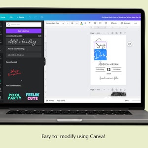 May include: A laptop screen displaying a Canva design template for a save the date card. The card features a blue and white design with the text "Save the Date" and the names "Jessica + Ryan". The date is Saturday, October 12, 2023.
