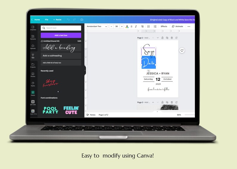 May include: A laptop screen displaying a Canva design template for a save the date card. The card features a blue and white design with the text "Save the Date" and the names "Jessica + Ryan". The date is Saturday, October 12, 2023.
