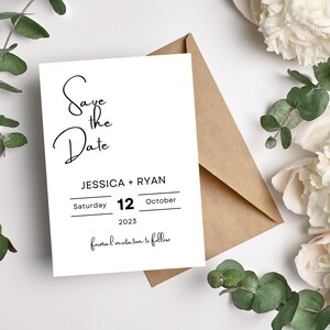 May include: Save the Date card with white background and black text. The card says "Save the Date" in a script font, followed by "Jessica + Ryan" and the date "Saturday, October 12, 2023". The card also says "formal invitation to follow".