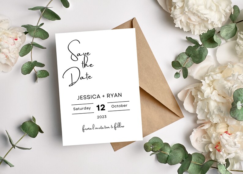 May include: Save the Date card with white background and black text. The card says "Save the Date" in a script font, followed by "Jessica + Ryan" and the date "Saturday, October 12, 2023". The card also says "formal invitation to follow".