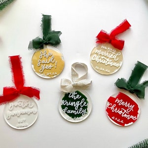 Painted Acrylic Ornament, Personalized Hand Lettered Ornament, Silk Ribbon Christmas Stocking Tag Gift Tag, Just Married, Engaged, Family image 1