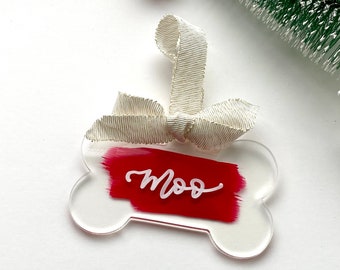 Painted Acrylic Dog Pet Ornament, Personalized Hand Lettered Ornament, Silk Ribbon, Dog Stocking Tag, Dog Puppy Pet Christmas Gift