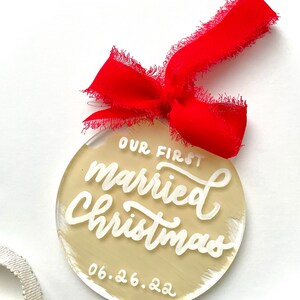 Painted Acrylic Ornament, Personalized Hand Lettered Ornament, Silk Ribbon Christmas Stocking Tag Gift Tag, Just Married, Engaged, Family image 3