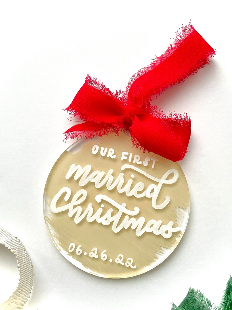 Painted Acrylic Ornament, Personalized Hand Lettered Ornament, Silk Ribbon Christmas Stocking Tag Gift Tag, Just Married, Engaged, Family image 3