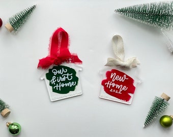 Painted Acrylic House Ornament, Personalized Hand Lettered Ornament, Silk Ribbon, Christmas Gift, New Home, Our First House, Home Sweet Home