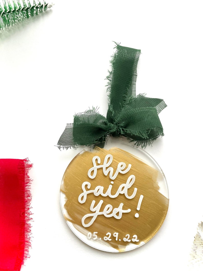 Painted Acrylic Ornament, Personalized Hand Lettered Ornament, Silk Ribbon Christmas Stocking Tag Gift Tag, Just Married, Engaged, Family image 4