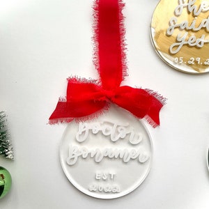 Painted Acrylic Ornament, Personalized Hand Lettered Ornament, Silk Ribbon Christmas Stocking Tag Gift Tag, Just Married, Engaged, Family image 5