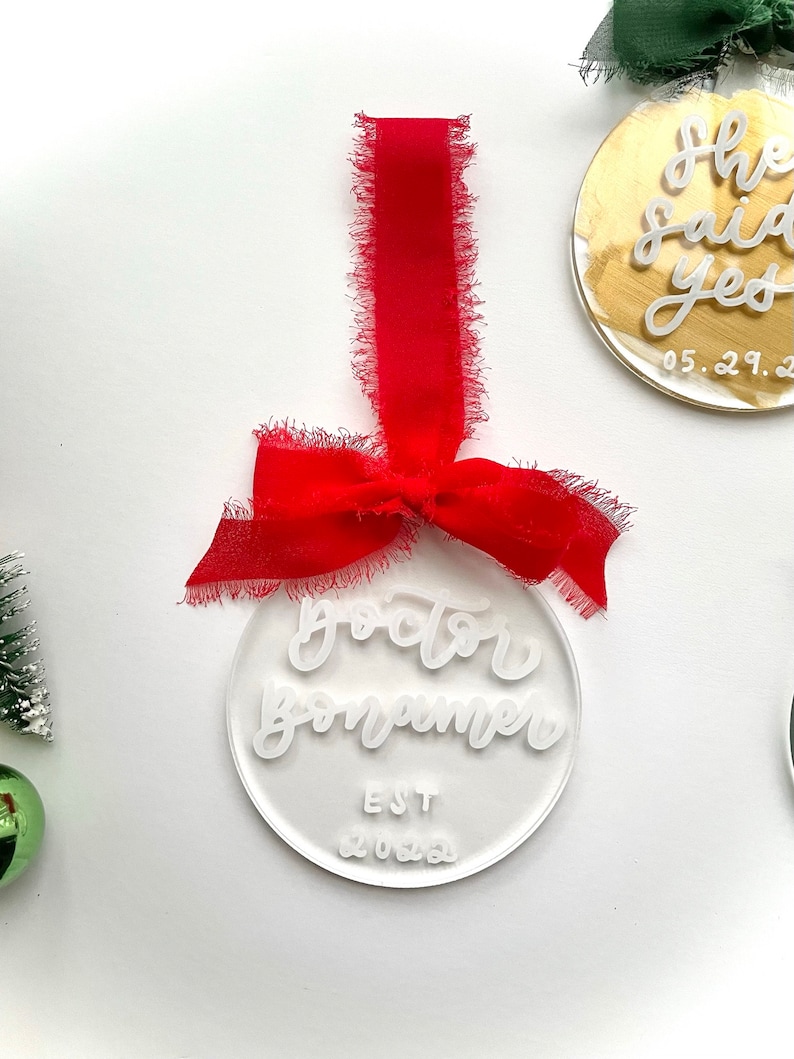 Painted Acrylic Ornament, Personalized Hand Lettered Ornament, Silk Ribbon Christmas Stocking Tag Gift Tag, Just Married, Engaged, Family image 5