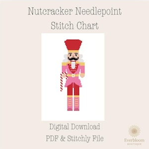 May include: A Nutcracker Needlepoint Stitch Chart digital download PDF and stitchly file featuring a pixel art nutcracker wearing a red hat, pink jacket, and red trousers, holding a red and white candy cane, with the text Nutcracker Needlepoint Stitch Chart.