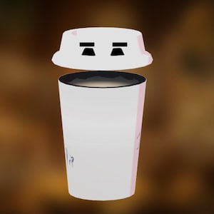May include: A white paper coffee cup with a lid, featuring a cartoon-like design. The cup has a pinkish hue on the sides and a dark interior. The lid has a face drawn on it with two black rectangles for eyes.