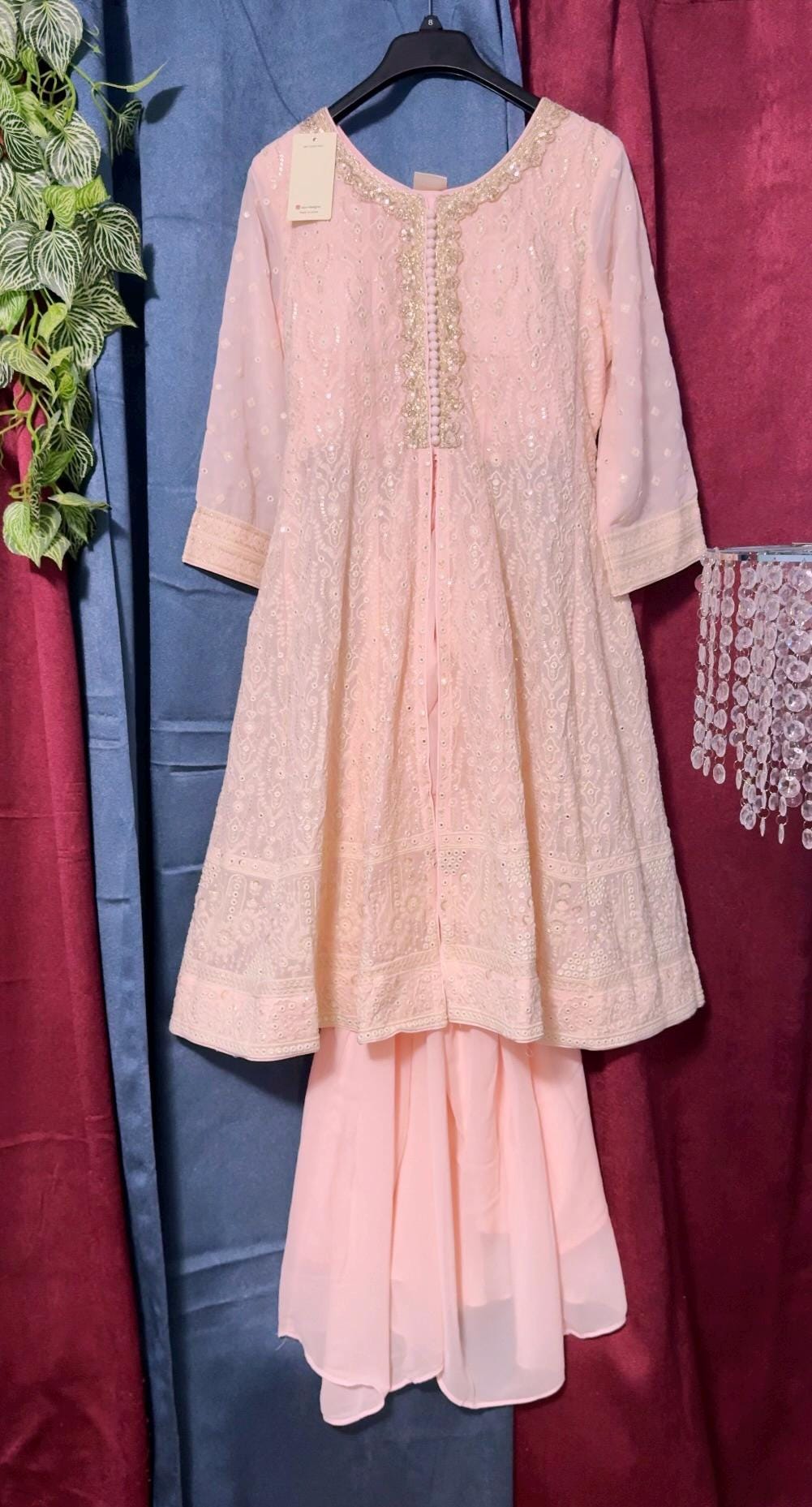 Pink Shimmer Silk Heavy Mirror Embroidered Indowestern Coordset With Styish Potli main image 0
