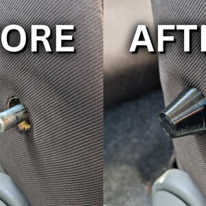 Op de afbeelding: Voor- en na-beelden van een autostoelreparatie. De voor-afbeelding toont een gebroken metalen staaf die uit de stoel steekt. De na-afbeelding toont een zwarte plastic dop die de staaf bedekt.