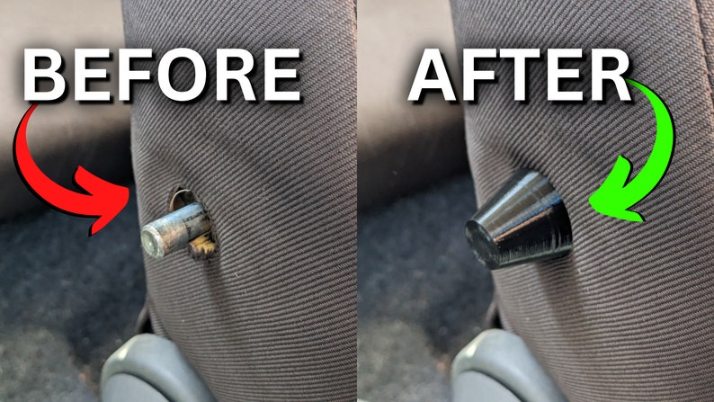Op de afbeelding: Voor- en na-beelden van een autostoelreparatie. De voor-afbeelding toont een gebroken metalen staaf die uit de stoel steekt. De na-afbeelding toont een zwarte plastic dop die de staaf bedekt.