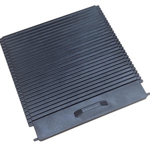 May include: Black plastic air vent grille with a rectangular shape and a handle on the bottom right side.