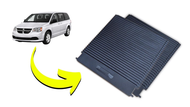 May include: A set of two black plastic car window shades. The shades are made of a flexible material and have a ribbed texture. They are designed to fit in the windows of a minivan.