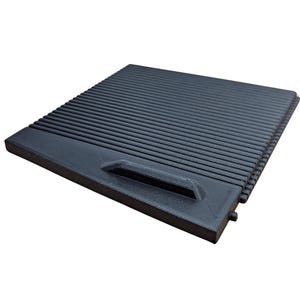 May include: A black, rectangular grill grate with a handle on one side. The grate features parallel ridges across its surface. The handle is a recessed, rectangular shape. The item is made of a dark, matte material.
