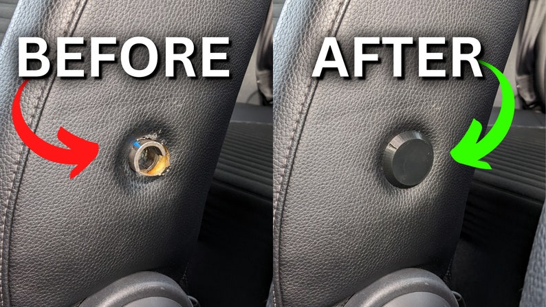 Op de afbeelding: Voor- en na-beelden van een autostoelreparatie. De voor-afbeelding toont een gat in de stoel met een blootliggende metalen ring. De na-afbeelding toont het gerepareerde gat met een ronde zwarte afdekking.