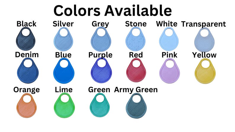 Puede incluir: Un gr&aacute;fico que muestra 15 opciones de color diferentes para un producto. Los colores se muestran en muestras en forma de l&aacute;grima. Los colores incluyen negro, plata, gris, piedra, blanco, transparente, azul de mezclilla, azul, morado, rojo, rosa, amarillo, naranja, lima, verde y verde militar.