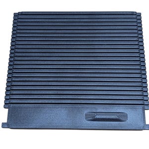 May include: A dark blue, rectangular object with a series of parallel, horizontal ridges. The object has a recessed handle on one end and appears to be made of a rigid material. The design suggests a functional item, possibly a cover or a tray.