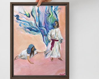 Impressão em tela emoldurada Mulher tocando roupa de Jesus