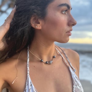 Hebrew Cone Shell Necklace with Black pearls Macrame Finish