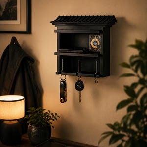 Puede incluir: Llavero de madera negra con un diseño de techo de estilo japonés. El llavero tiene dos estantes y ganchos para llaves. Un pequeño reloj decorativo es visible en el lado derecho. Dos juegos de llaves cuelgan de los ganchos.