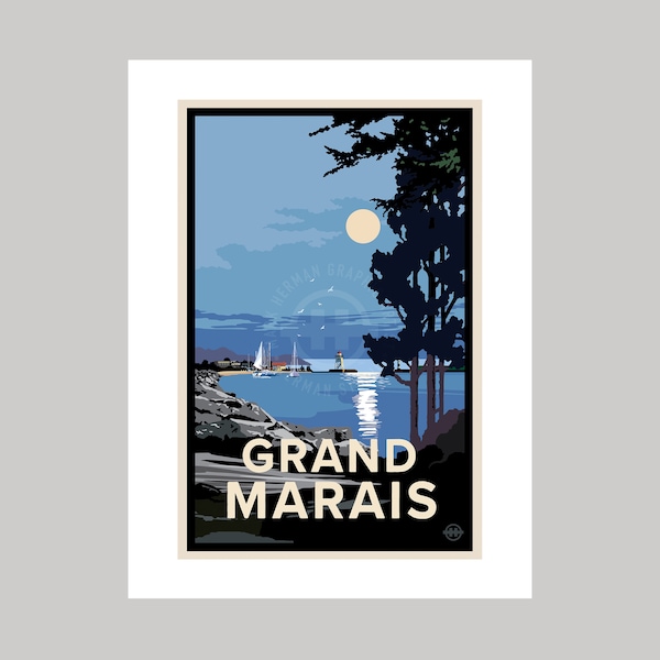 Grand Marais night in the harbor  || Minnesota Landmark Original Giclée Art Print