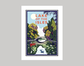 May include: A vintage travel poster design featuring a lake with a bridge and a red canoe. The text on the poster reads "Lake of the Isles".