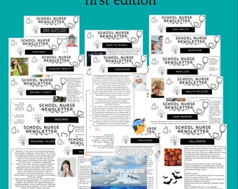 May include: A collection of colorful school nurse newsletters with a stethoscope and lightbulb graphic. The newsletters cover topics such as oral health, nutrition, head lice, health policies, hand washing, seasonal allergies, and Halloween. The newsletters are designed to help parents and students stay informed about important health topics.