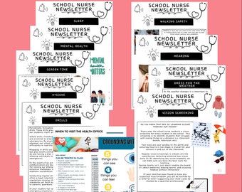 Peut inclure: Une infographie colorée intitulée "Bulletins de l'infirmière scolaire, deuxième édition". L'infographie est divisée en sections avec des sujets tels que le sommeil, la santé mentale, le temps passé devant les écrans, l'hygiène, la sécurité de la marche, l'audition, s'habiller en fonction du temps et le dépistage de la vue. Chaque section comprend une image de dessin animé et du texte lié au sujet.