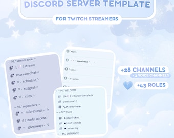 以下が含まれることがあります： Twitchストリーマー向けのDiscordサーバーテンプレートを宣伝する水色のグラフィック。デザインには、テキスト、チャンネルとロールのカウント、サーバー設定の例が含まれています。テキストは「Discord Server Template」と「Made with light mode in mind」と書かれています。