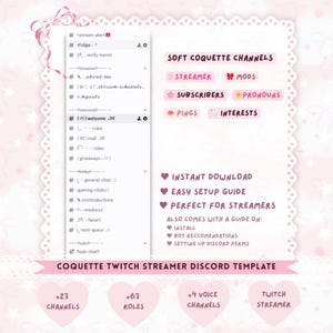 以下が含まれることがあります： Twitchストリーマー向けのピンクと白のデジタルテンプレート。デザインには、「Soft Coquette Channels」、「Streamer」、「Subscribers」などのテキスト要素が含まれています。チャンネル、ロール、ボイスチャンネルのリストも表示されます。