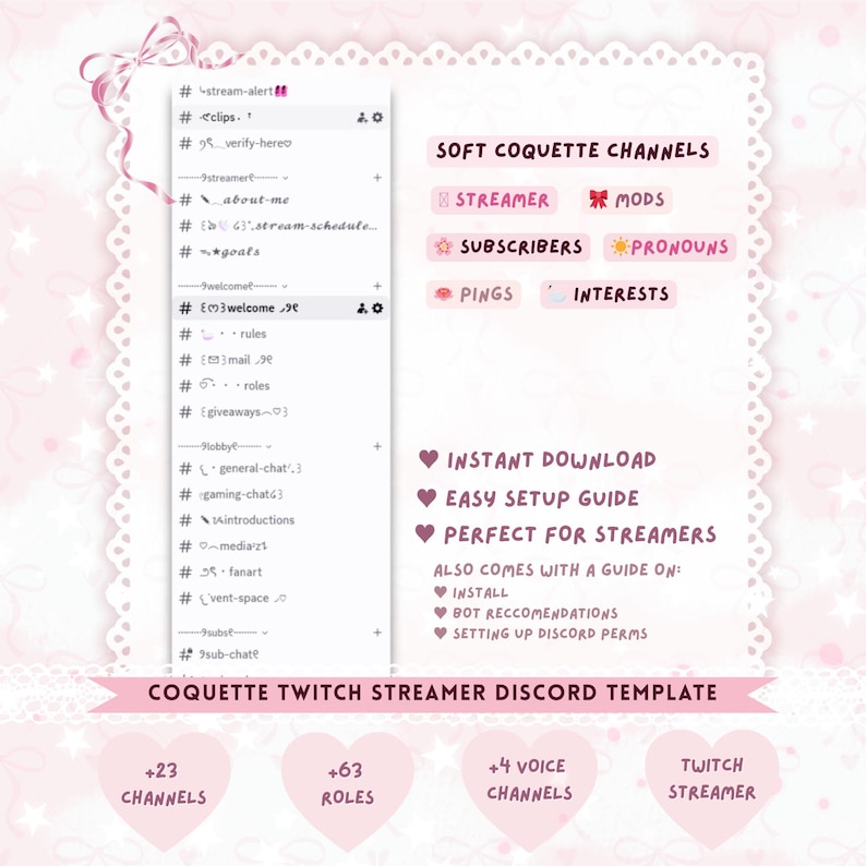 以下が含まれることがあります： Twitchストリーマー向けのピンクと白のデジタルテンプレート。デザインには、「Soft Coquette Channels」、「Streamer」、「Subscribers」などのテキスト要素が含まれています。チャンネル、ロール、ボイスチャンネルのリストも表示されます。
