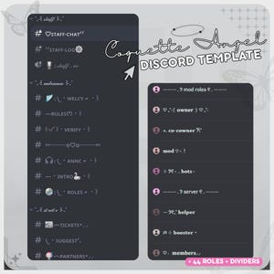 May include: A digital Discord server template featuring a dark gray interface with white text, decorative symbols, and butterfly motifs. The layout includes channel lists labeled staff, entrance, and server, alongside a role list with text.