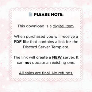 以下が含まれることがあります： 「PLEASE NOTE: This download is a digital item. When purchased you will receive a PDF file that contains a link for the Discord Server Template.」と書かれた、白い縁が波型のカード。