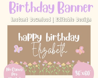 Butterfly Birthday Banner Template: Handpainted Floral Design (Digital Download)