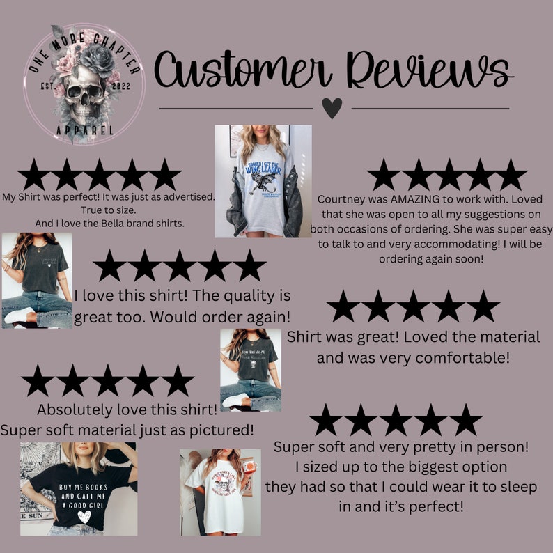 Op de afbeelding: Vijf klantbeoordelingen voor een kledingwinkel met vijfsterrenbeoordelingen. De beoordelingen benadrukken de kwaliteit, het comfort en de pasvorm van de shirts. De tekst bevat zinnen als "super zacht", "geweldig om mee samen te werken" en "ik vond het materiaal geweldig".