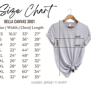 Op de afbeelding: Maattabel voor unisex jersey t-shirts van Bella Canvas 3001. De tabel toont de afmetingen in inches voor de maten XS, S, M, L, XL, 2XL, 3XL, 4XL en 5XL. De afmetingen omvatten breedte, borst en lengte.