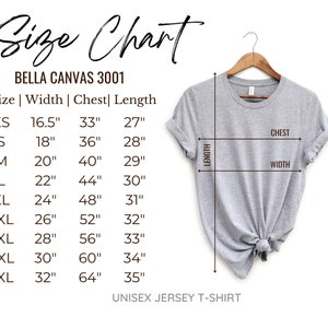 May include: Size chart for Bella Canvas 3001 unisex jersey t-shirts. The chart shows measurements in inches for XS, S, M, L, XL, 2XL, 3XL, 4XL, and 5XL sizes. Measurements include width, chest, and length.