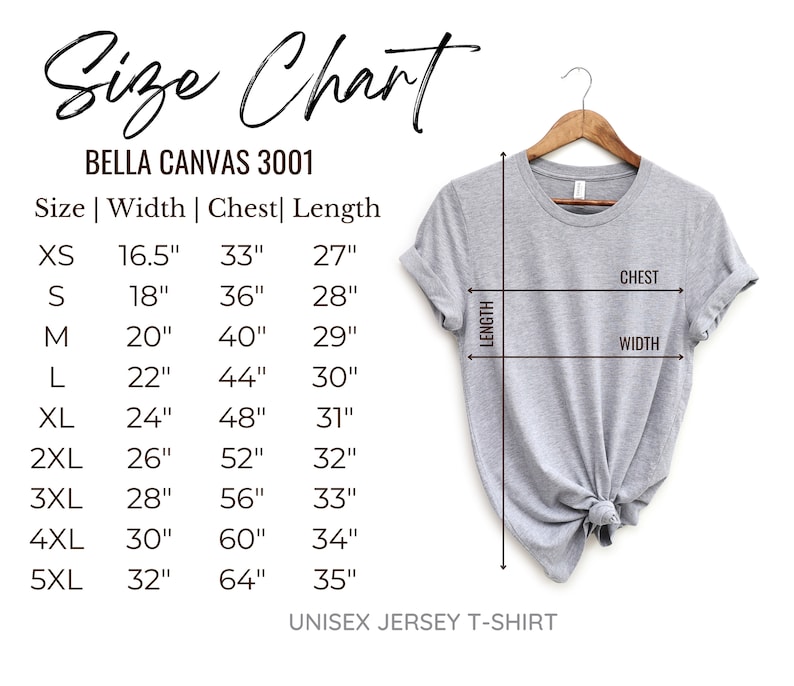 May include: Size chart for Bella Canvas 3001 unisex jersey t-shirts. The chart shows measurements in inches for XS, S, M, L, XL, 2XL, 3XL, 4XL, and 5XL sizes. Measurements include width, chest, and length.