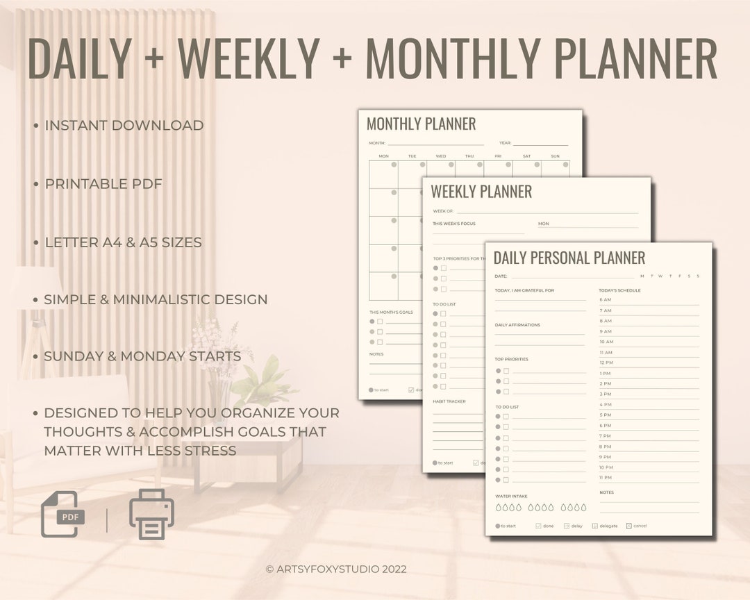 Printable Daily, Weekly, Monthly Planner Pages | Simple & Minimal ...