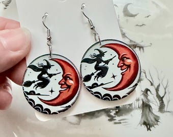 Halloween Moon Wicked Witch Vintage Theme Earrings